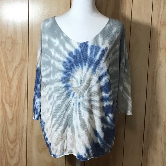 Angela Tops - Angela Tie Dye Spiral Pattern V-Neck 3/4 Sleeve Blouse L
